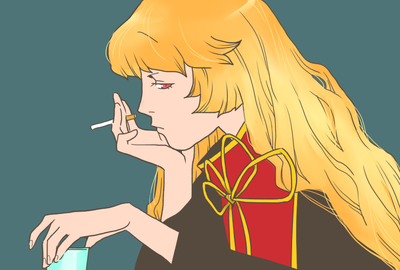 1girl blonde_hair bored cigarette cup drinking_glass expressionless junko_(touhou) long_hair looking_at_viewer onikobe_rin red_eyes touhou