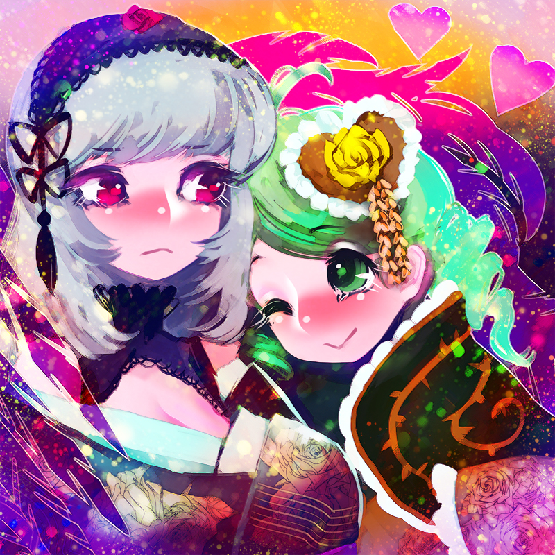 2girls :&gt; bangs black_ribbon breasts cleavage closed_mouth drill_hair eyebrows_visible_through_hair floral_print flower frown green_eyes green_hair grey_hair hair_ornament hairband hakkasame heart kanaria lolita_hairband long_hair looking_at_another medium_breasts multiple_girls red_eyes red_flower red_rose ribbon rose rozen_maiden smile suigintou tassel yellow_flower yellow_rose