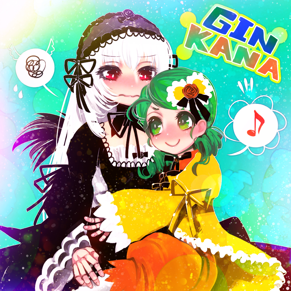 2girls bangs black_dress black_flower black_rose black_wings blush bright_pupils closed_mouth detached_collar doll_joints dress drill_hair eyebrows_visible_through_hair feathered_wings flower gothic_lolita green_eyes green_hair hakkasame juliet_sleeves kanaria lolita_fashion long_hair long_sleeves looking_at_another multiple_girls musical_note neck_ribbon nose_blush puffy_sleeves red_eyes red_flower red_ribbon red_rose ribbon rose rozen_maiden sleeves_past_wrists smile spoken_musical_note spoken_squiggle squiggle suigintou wavy_mouth white_hair white_pupils wide_sleeves wings yellow_ribbon