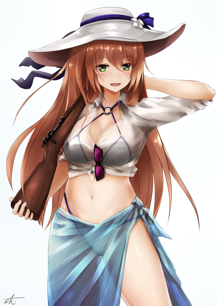 1girl alternate_costume bangs bikini blush bolt_action breasts brown_hair cleavage collarbone eyebrows_visible_through_hair eyewear_removed girls_frontline green_eyes gun hair_between_eyes hair_ribbon hair_rings hand_behind_head hat hat_ribbon highleg highleg_bikini holding holding_gun holding_weapon large_breasts long_hair looking_at_viewer m1903_springfield m1903_springfield_(girls_frontline) navel o-ring o-ring_top open_mouth ribbon rifle sarong see-through shirt sidelocks simple_background smile solo standing stomach sun_hat sunglasses swimsuit tied_shirt tosaka0002 weapon white_background white_shirt