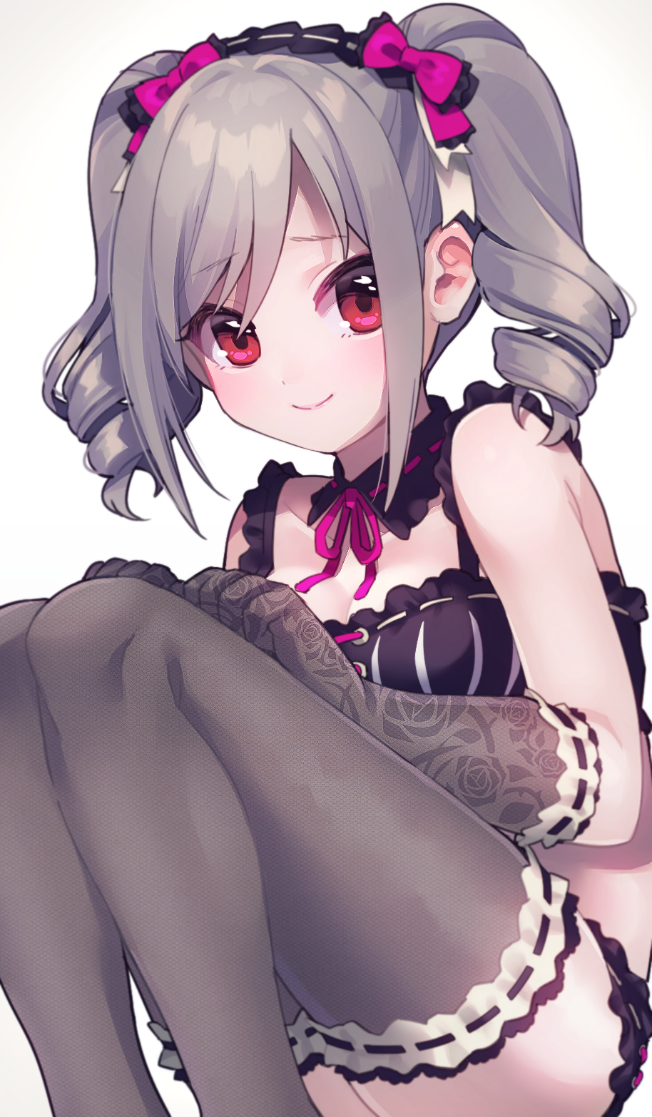 1girl bangs bikini black_bikini blush bow breasts closed_mouth detached_collar drill_hair elbow_gloves eyebrows_visible_through_hair feet_out_of_frame floral_print gloves gothic_lolita grey_hair hair_between_eyes hairband hands_on_own_knees highres idolmaster idolmaster_cinderella_girls kanzaki_ranko light_smile lips lolita_fashion lolita_hairband long_hair looking_at_viewer medium_breasts midriff red_eyes ribbon ribbon-trimmed_gloves ribbon-trimmed_legwear ribbon_trim sheer_gloves sheer_legwear simple_background sitting smile solo swept_bangs swimsuit thigh-highs twintails uso_(ameuzaki) white_background