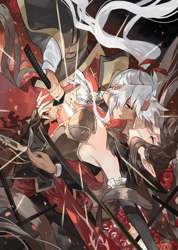 1boy 1girl absurdly_long_hair amakusa_shirou_(fate) black_dress black_hair breasts brown_eyes brown_hair cross cross_necklace dark_skin detached_sleeves dress fate/apocrypha fate/grand_order fate_(series) fur_trim hair_ribbon japanese_clothes jewelry katana long_dress long_hair necklace parody pointy_ears ponytail ribbon sekai_wo_kakumei_suru_chikara_wo semiramis_(fate) shoujo_kakumei_utena smile sword torso_grab very_long_hair weapon white_hair yellow_eyes yinghuo