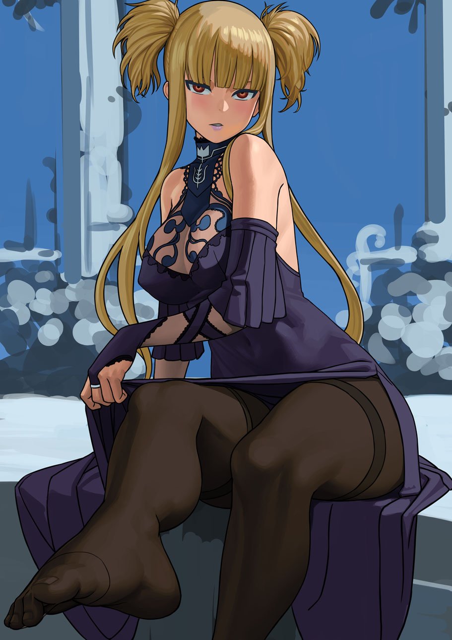1girl aoki_hagane_no_arpeggio bangs bare_shoulders blunt_bangs breasts bridal_gauntlets brown_legwear cleavage covered_navel dress empty_eyes feet fingerless_gloves foreshortening gloves highres kongou_(aoki_hagane_no_arpeggio) large_breasts lasterk leg_up lipstick long_hair looking_at_viewer makeup no_shoes pantyhose parted_lips purple_dress purple_gloves short_twintails side_slit sidelocks sitting solo thighband_pantyhose toes twintails work_in_progress