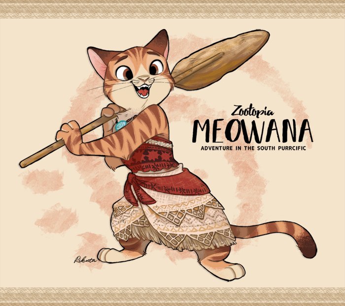 1girl brown_background brown_eyes cat character_name commentary_request copyright_name dress fangs furrification happy holding holding_oar moana_(movie) moana_waialiki no_humans oar pun shiroyama_rikuta smile solo standing zootopia