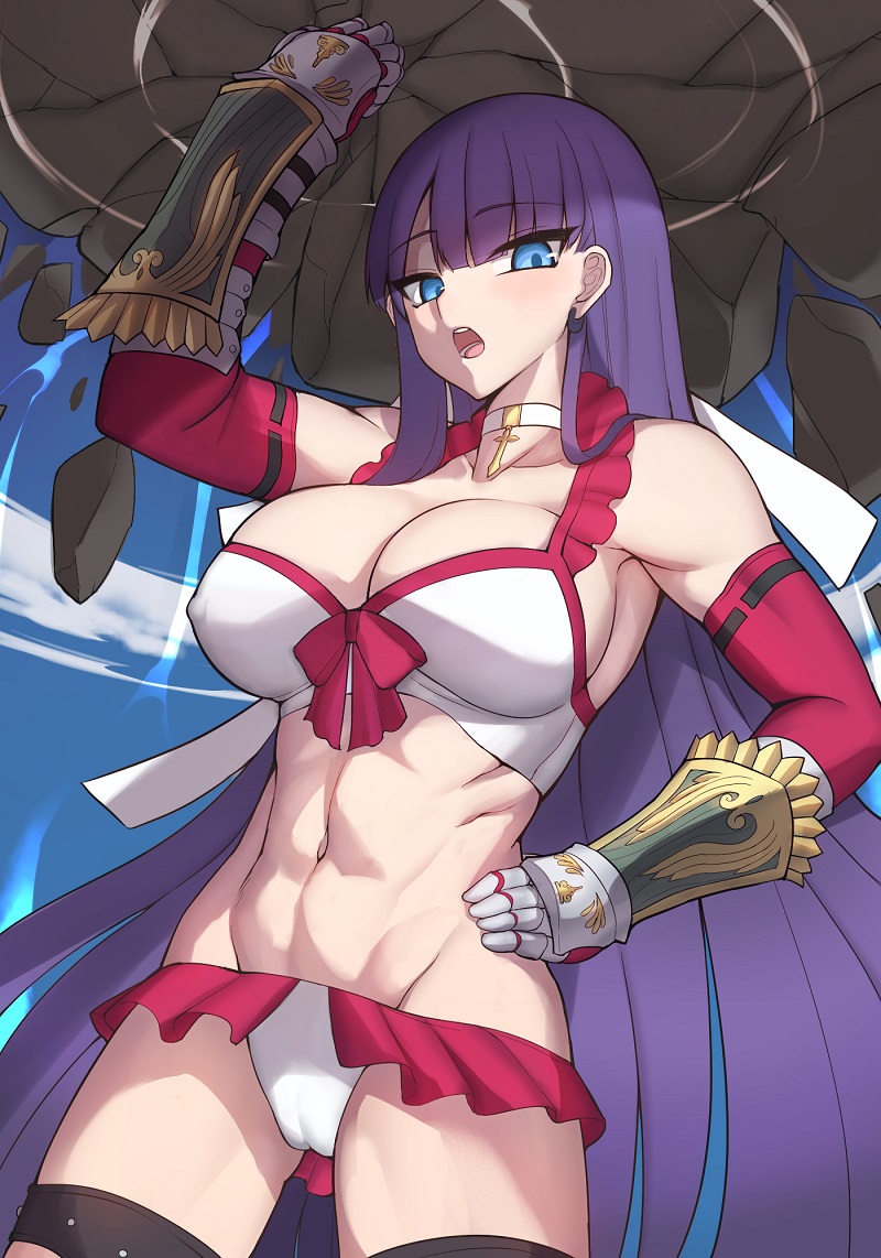 1girl abs bangs bare_shoulders bikini blue_eyes blunt_bangs blush breasts choker cleavage collarbone cross dutch_angle earrings elbow_gloves eyebrows_visible_through_hair fate/grand_order fate_(series) frilled_bikini frills gauntlets gloves hand_on_hip hips jewelry k_jin large_breasts long_hair looking_at_viewer muscle muscular_female navel open_mouth purple_hair red_gloves rock saint_martha saint_martha_(swimsuit_ruler)_(fate) solo straight_hair swimsuit thigh_strap thighs uppercut very_long_hair waist white_bikini