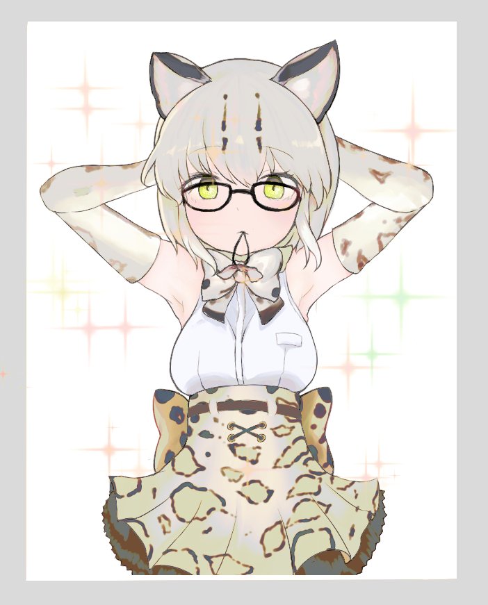 1girl animal_ears arms_behind_head back_bow bare_shoulders belt blonde_hair bow bowtie cat_ears commentary_request dnsdltkfkd elbow_gloves eyebrows_visible_through_hair frilled_skirt frills glasses gloves hairband_in_mouth kemono_friends korean_commentary margay_(kemono_friends) margay_print multicolored_hair short_hair skirt sleeveless solo yellow_eyes