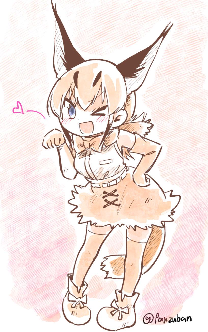 1girl ;d animal_ears blue_eyes blush bow bowtie brown_gloves brown_hair brown_neckwear brown_skirt caracal_(kemono_friends) caracal_ears caracal_tail commentary elbow_gloves extra_ears eyebrows_visible_through_hair full_body gloves hand_on_hip hand_up heart high-waist_skirt highres kemono_friends long_hair looking_at_viewer one_eye_closed open_mouth panzuban paw_pose shirt skirt sleeveless sleeveless_shirt smile solo spotted_hair tail thigh-highs twitter_username white_belt zettai_ryouiki