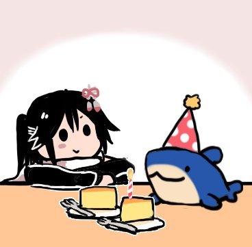 1girl :3 black_hair cake candle food fork hair_ornament hat kantai_collection lowres party_hat remodel_(kantai_collection) sendai_(kantai_collection) smile solid_circle_eyes solo stuffed_animal stuffed_shark stuffed_toy terrajin