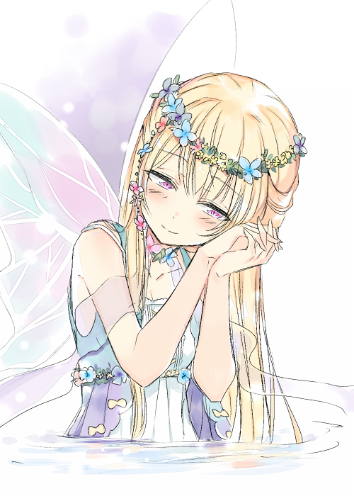 1girl bang_dream! bangs blonde_hair blush eyebrows_visible_through_hair fairy_wings half_updo hands_clasped head_tilt head_wreath long_hair own_hands_together partially_submerged shirasagi_chisato smile sohu solo violet_eyes wings