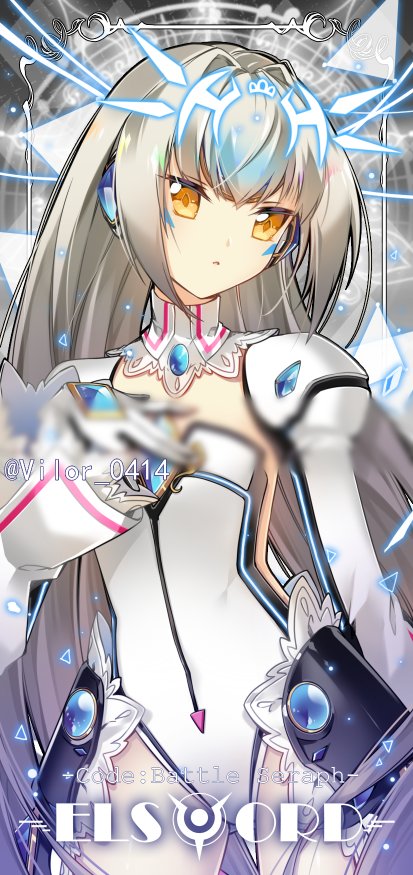 1girl closed_mouth code:_battle_seraph_(elsword) crown elsword eve_(elsword) facial_mark forehead_jewel hand_on_own_chest long_hair mechanical_ears silver_hair solo vilor yellow_eyes