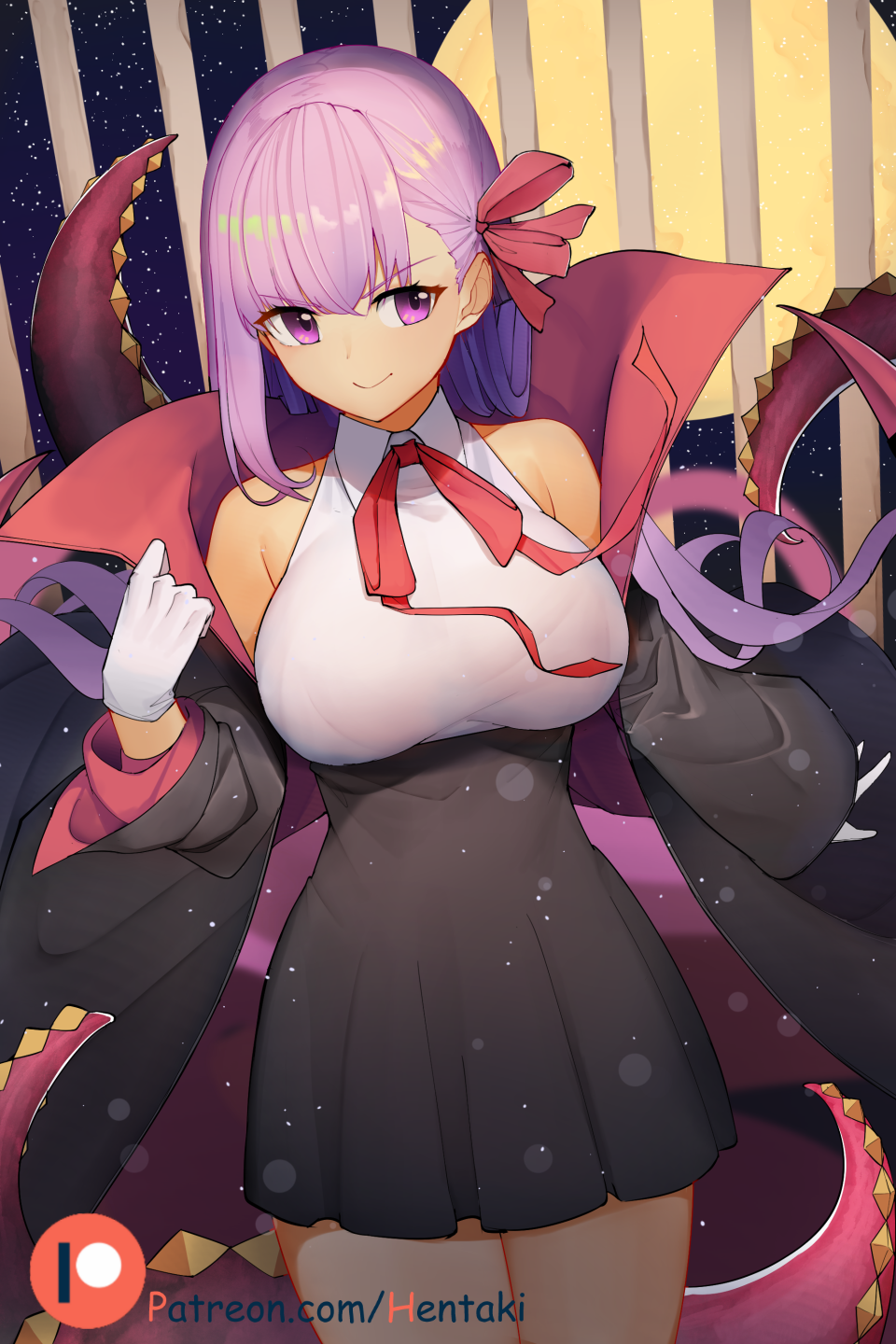 &gt;:) 1girl arm_at_side artist_name bangs bare_shoulders bb_(fate)_(all) black_coat black_skirt breasts closed_mouth coat collared_shirt cowboy_shot fate/grand_order fate_(series) full_moon gloves hair_ribbon hentaki high-waist_skirt highres large_breasts light_particles long_hair long_sleeves looking_at_viewer moon neck_ribbon open_clothes open_coat patreon_logo pink_neckwear pink_ribbon purple_hair ribbon shiny shiny_hair shirt skirt smile solo tentacle thighs v-shaped_eyebrows very_long_hair violet_eyes white_gloves white_shirt