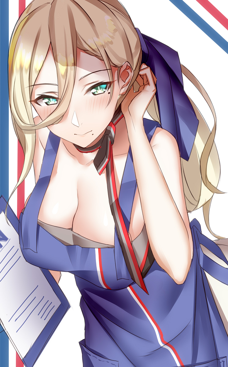 1girl adjusting_hair alternate_costume alternate_hairstyle apron bangs blonde_hair blue_eyes blush breasts cleavage commentary_request dress hair_between_eyes hair_ribbon highres holding_notepad kantai_collection long_hair mole mole_under_eye mole_under_mouth multicolored multicolored_clothes multicolored_scarf pallad ribbon richelieu_(kantai_collection) scarf sidelocks smile solo upper_body