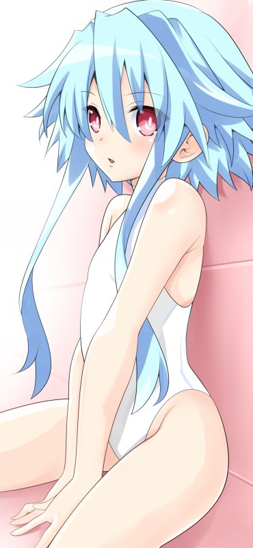 1girl blanc blue_hair iwasi-r neptune_(series) pink_background red_eyes sitting swimsuit thighs visible_ears white_heart white_swimsuit