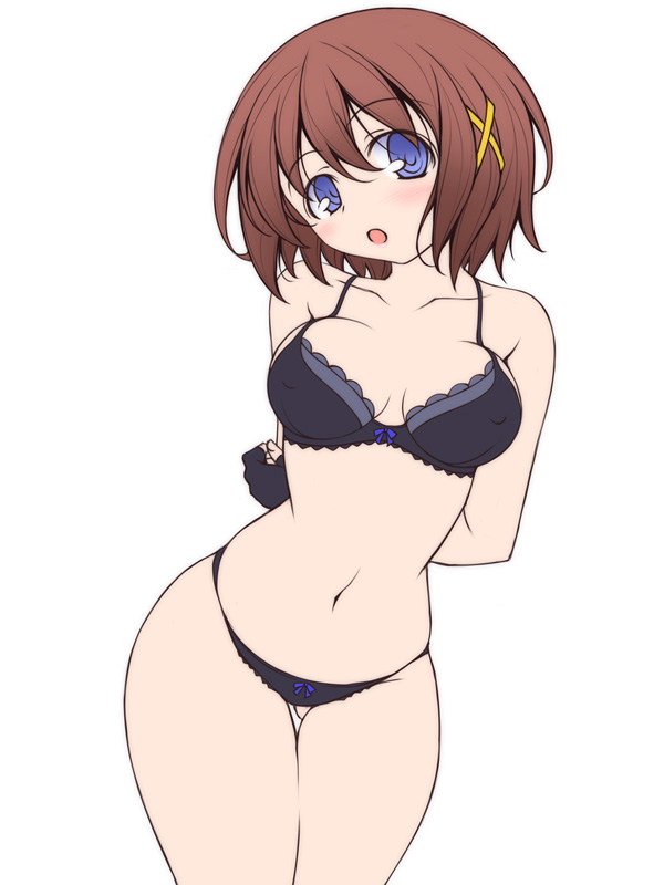 1girl :o arm_grab arms_behind_back bangs black_bra black_gloves blue_eyes blue_panties blush bow bow_panties bra breasts brown_hair collarbone cowboy_shot eyebrows_visible_through_hair fingerless_gloves gloves gluteal_fold hair_ornament head_tilt kikuchi_tsutomu lace lace-trimmed_bra lace-trimmed_panties leaning_to_the_side lips looking_at_viewer lyrical_nanoha mahou_shoujo_lyrical_nanoha_strikers medium_breasts medium_hair navel open_mouth panties simple_background skindentation solo standing thighs underwear underwear_only white_background x_hair_ornament yagami_hayate