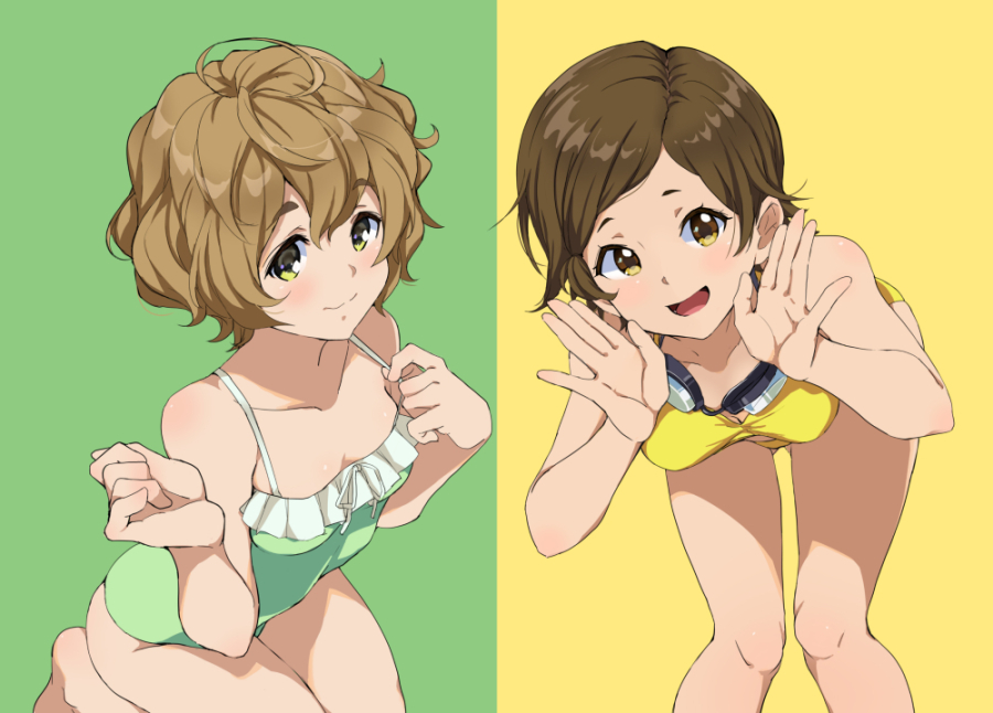 2girls :d bangs bare_arms bare_shoulders barefoot bent_over bikini blush breasts brown_hair casual_one-piece_swimsuit cleavage closed_mouth collarbone eyebrows_visible_through_hair feet_out_of_frame frilled_swimsuit frills goggles goggles_around_neck green_background green_swimsuit hair_between_eyes hair_tie hibike!_euphonium katou_hazuki kawashima_sapphire kneeling leaning_forward light_brown_hair looking_at_viewer medium_breasts mirai_denki multiple_girls one-piece_swimsuit open_mouth short_hair small_breasts smile standing strap_pull swept_bangs swimsuit thighs two-tone_background yellow_background yellow_bikini yellow_eyes