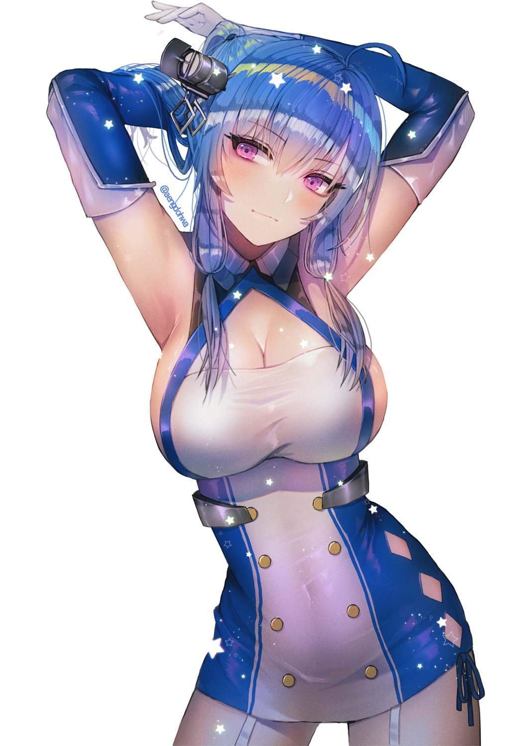 1girl ahoge armpits arms_behind_head azur_lane bangs bare_shoulders blue_gloves blue_hair blush breasts cleavage closed_mouth collarbone covered_navel cowboy_shot dress elbow_gloves eyebrows_visible_through_hair garter_straps gloves hair_between_eyes hair_ornament hair_ribbon hanato_(seonoaiko) hand_in_hair head_tilt highres hips large_breasts light_smile long_hair looking_at_viewer ribbon short_dress side_slit sideboob sidelocks smile solo sparkle st._louis_(azur_lane) star taut_clothes taut_dress thighs tress_ribbon violet_eyes white_background white_gloves