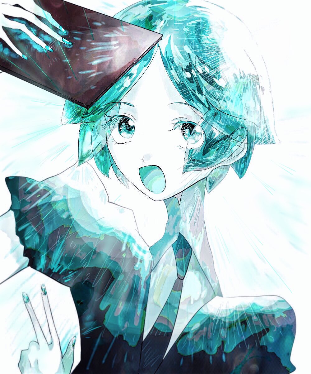 1other androgynous aqua_eyes aqua_hair clipboard colored_eyelashes crystal_hair eyes_visible_through_hair gem_uniform_(houseki_no_kuni) glowing highres houseki_no_kuni looking_at_viewer necktie open_mouth phosphophyllite short_hair smile solo upper_body v