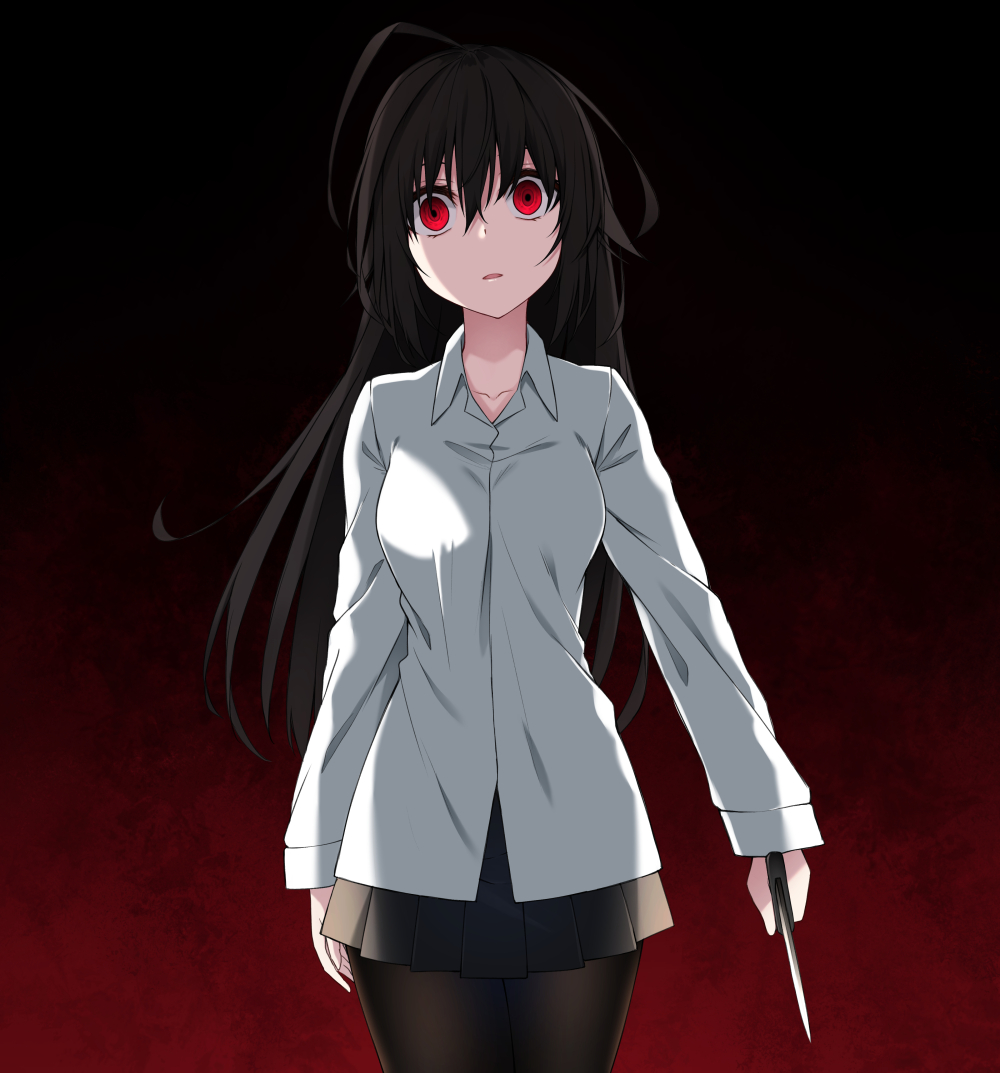 1girl arm_at_side black_hair black_legwear black_skirt collared_shirt commentary cowboy_shot hair_between_eyes head_tilt healther holding holding_knife knife long_hair long_sleeves looking_at_viewer messy_hair original pantyhose parted_lips pleated_skirt shirt simple_background skirt solo symbol_commentary white_shirt yandere