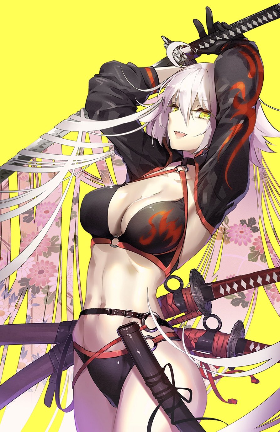 1girl ahoge arm_over_head bikini black_bikini black_choker black_gloves black_jacket breasts choker cleavage collarbone commentary_request cropped_jacket fate/grand_order fate_(series) floral_print gloves hair_between_eyes highres holding holding_sword holding_weapon jacket jeanne_d'arc_(alter)_(fate) jeanne_d'arc_(alter_swimsuit_berserker) jeanne_d'arc_(fate)_(all) katana large_breasts long_hair looking_at_viewer midriff multiple_swords navel o-ring o-ring_bikini o-ring_bottom o-ring_top open_mouth sheath standing swimsuit sword tsurukame very_long_hair waist weapon white_hair yellow_eyes