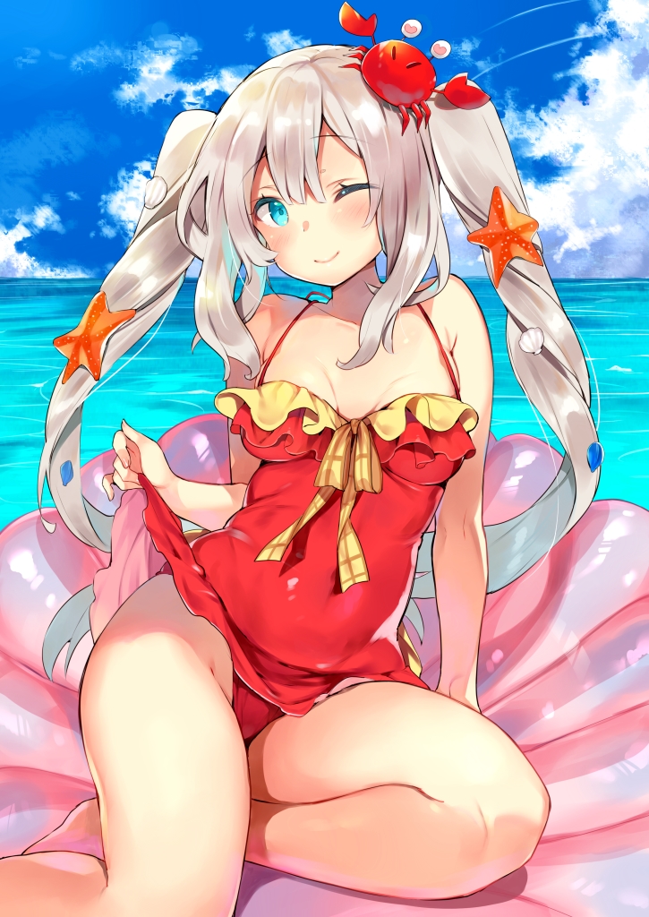 1girl ;) animal animal_on_head arm_support bangs bare_arms bare_legs bare_shoulders barefoot blue_eyes blue_sky blush breasts breasts_apart casual_one-piece_swimsuit closed_mouth clothes_lift clouds collarbone commentary_request crab day eyebrows_visible_through_hair fate/grand_order fate_(series) frilled_swimsuit frills grey_hair groin head_tilt heart heart_in_eye horizon kibii_mocha lifted_by_self long_hair marie_antoinette_(fate/grand_order) marie_antoinette_(swimsuit_caster)_(fate) medium_breasts ocean on_head one-piece_swimsuit one_eye_closed outdoors red_swimsuit seashell seashell_hair_ornament shell sidelocks sitting sky smile solo starfish starfish_hair_ornament swimsuit swimsuit_skirt symbol_in_eye twintails very_long_hair water yokozuwari