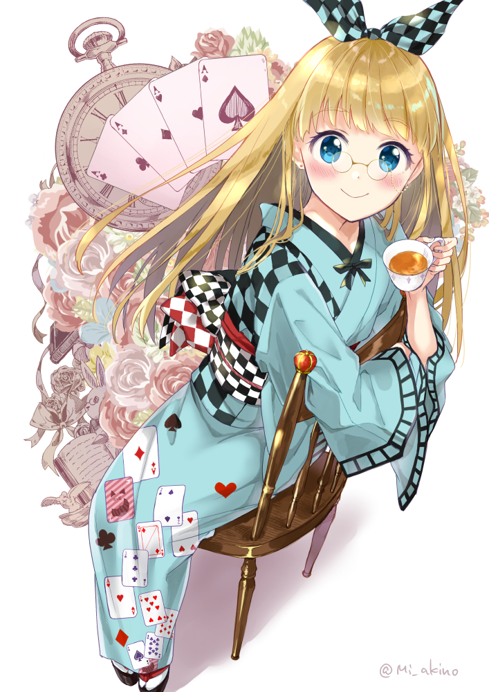 1girl ace_of_clubs ace_of_diamonds ace_of_hearts ace_of_spades alice_(wonderland) alice_in_wonderland bangs blonde_hair blue_eyes blue_kimono blush card chair checkered checkered_ribbon closed_mouth club_(shape) commentary_request cup diamond_(shape) eyebrows_visible_through_hair glasses hair_ribbon heart holding holding_cup japanese_clothes kimono long_hair long_sleeves miyabi_akino pince-nez playing_card pocket_watch print_kimono ribbon sitting smile solo spade_(shape) tea teacup very_long_hair watch white_background wide_sleeves