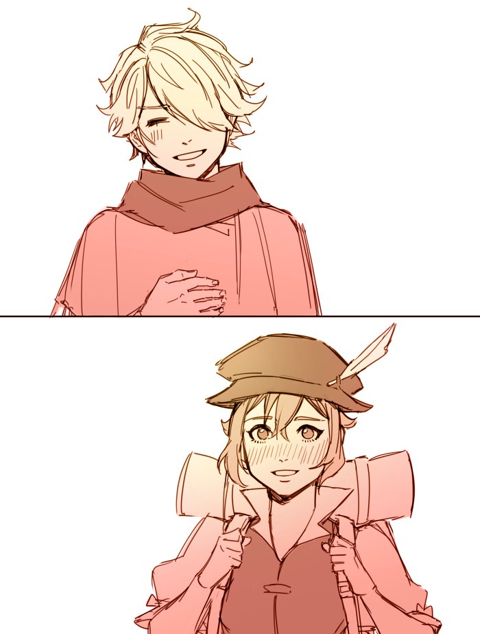 1boy 1girl blush closed_eyes dress embarrassed hair_over_one_eye hat jewelry long_hair mella monochrome octopath_traveler open_mouth scarf short_hair simple_background smile therion_(octopath_traveler) tressa_(octopath_traveler)