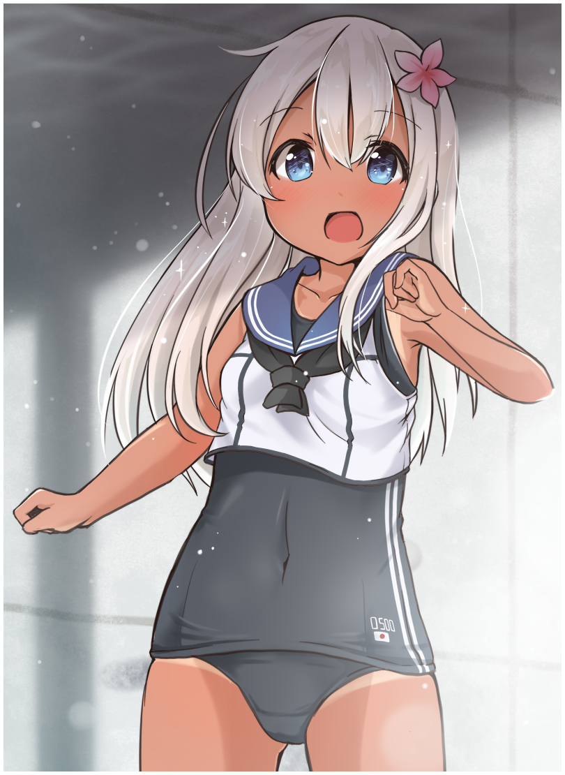 1girl black_swimsuit blonde_hair blue_eyes blue_sailor_collar covered_navel cowboy_shot crop_top flower hair_flower hair_ornament kantai_collection long_hair looking_at_viewer old_school_swimsuit one-piece_tan open_mouth ro-500_(kantai_collection) sailor_collar school_swimsuit school_uniform serafuku solo swimsuit swimsuit_under_clothes tan tanline tobi_(nekomata_homara)