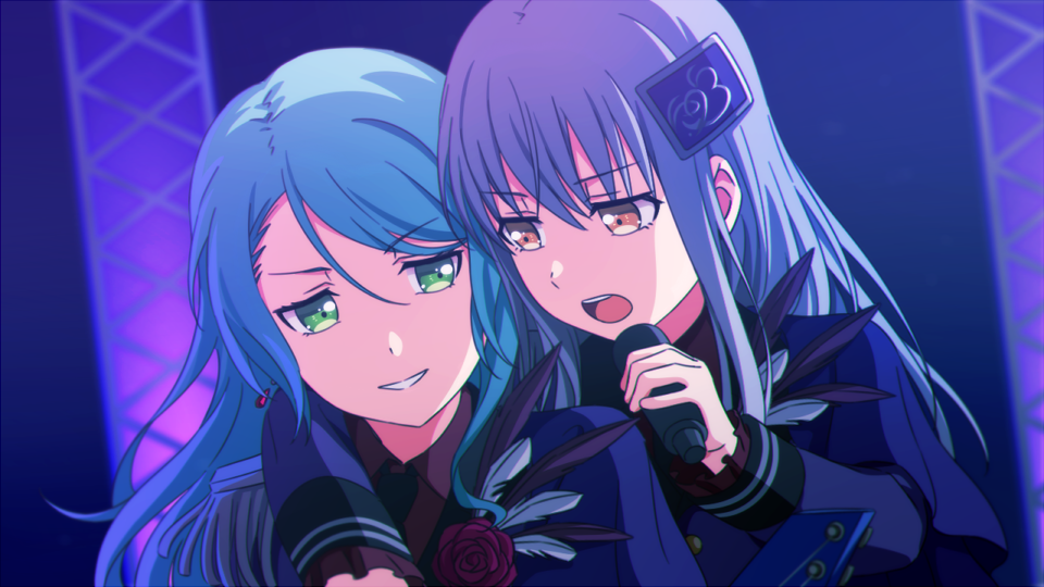 2girls aqua_hair arm_over_shoulder bang_dream! bangs eyebrows_visible_through_hair feathers green_eyes grey_hair hikawa_sayo long_hair long_sleeves looking_at_another microphone minato_yukina multiple_girls music open_mouth parted_lips singing swept_bangs un403lucky yellow_eyes