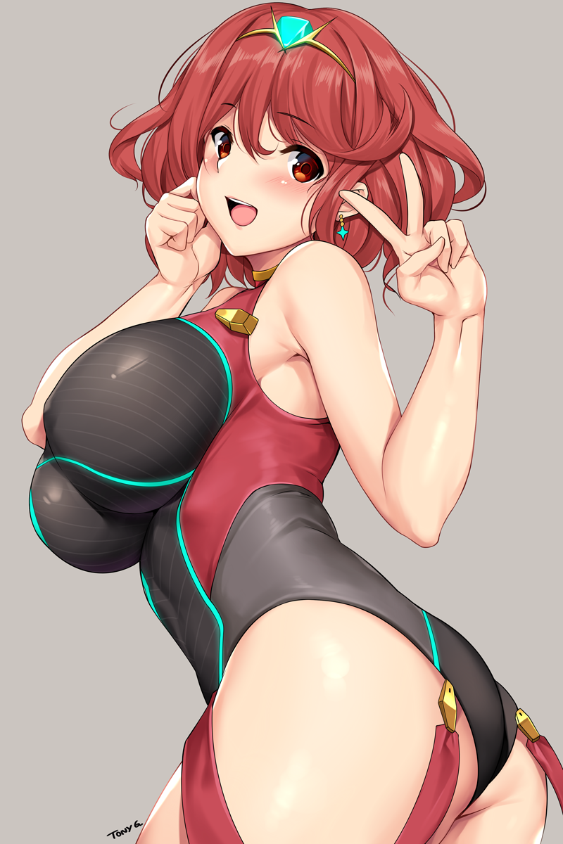 1girl ass bangs black_swimsuit blush breasts competition_swimsuit earrings grey_background hand_gesture highres hips pyra_(xenoblade) jewelry large_breasts looking_at_viewer nintendo one-piece_swimsuit open_mouth red_eyes red_swimsuit redhead short_hair sidelocks simple_background smile solo swept_bangs swimsuit tiara tony_guisado two-tone_swimsuit v waist xenoblade_(series) xenoblade_2