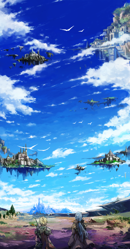 2boys armor bahamut_lagoon bird blonde_hair blue_hair blue_sky building castle clouds day emperor_sauzer facing_away floating_island from_behind long_hair looking_afar male_focus multiple_boys outdoors palpaleos scenery sky standing touka_(jue) tree