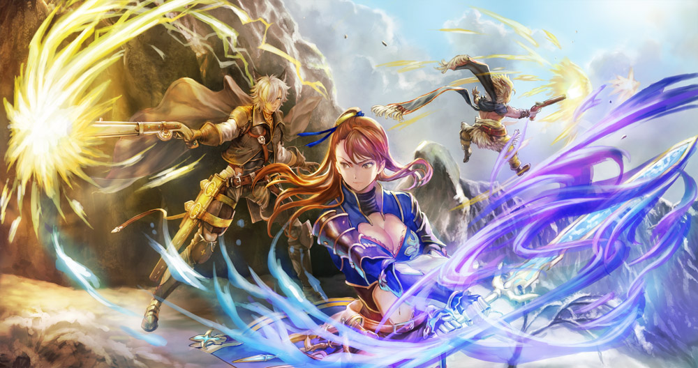 1girl 2boys armor battle belt blue_sky breasts brown_cape brown_eyes brown_hair character_request cleavage clouds day fighting_stance firing gauntlets granblue_fantasy greaves gun hair_over_one_eye holding holding_gun holding_weapon jumping multiple_boys outdoors rock scarf sheath sky slashing sword tokiemon_gogogo weapon white_hair