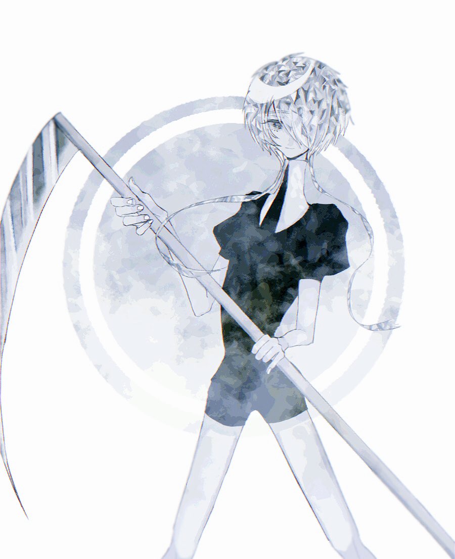 1other androgynous crystal_hair gem_uniform_(houseki_no_kuni) ghost_quartz_(houseki_no_kuni) grey_eyes hair_over_one_eye houseki_no_kuni looking_at_viewer necktie scythe short_hair_with_long_locks silver_hair solo weapon white_background white_eyes white_skin