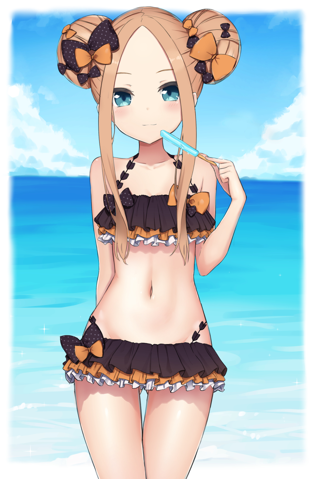 1girl abigail_williams_(fate/grand_order) ass_visible_through_thighs bangs bare_arms bare_shoulders bikini black_bikini black_bow blonde_hair blue_sky blurry bow closed_mouth clouds commentary_request coraman cute day double_bun emerald_float fate/grand_order fate_(series) food hair_bow hand_up highres holding holding_food horizon long_hair navel ocean orange_bow outdoors parted_bangs polka_dot polka_dot_bow popsicle side_bun sidelocks sky smile solo swimsuit thigh_gap water