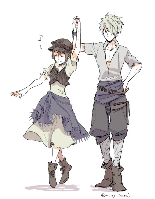 1boy 1girl brown_hair closed_eyes couple dancing dress full_body hat jewelry long_hair monji_samonji necklace octopath_traveler shirt short_hair simple_background smile therion_(octopath_traveler) tressa_(octopath_traveler)