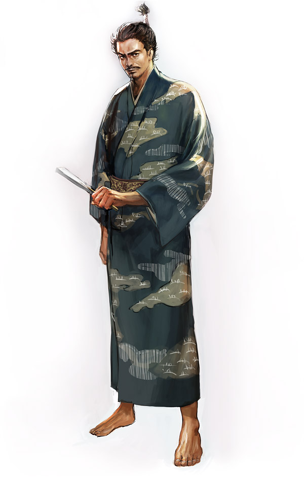 1boy arm_at_side barefoot black_hair facial_hair full_body japanese_clothes kimono looking_at_viewer male_focus mustache original simple_background solo standing tokiemon_gogogo topknot white_background wide_sleeves