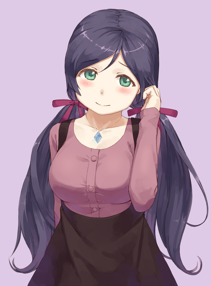 1girl aqua_eyes blush breasts brown_skirt buttons closed_mouth collarbone eichisu eyebrows_visible_through_hair furrowed_eyebrows hair_ribbon high-waist_skirt jewelry large_breasts long_hair long_sleeves love_live! love_live!_school_idol_project low_twintails necklace pink_ribbon pink_shirt purple_background purple_hair ribbon shirt skirt sleeves_past_wrists smile solo toujou_nozomi twintails