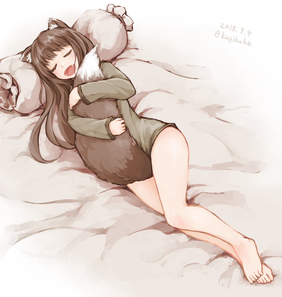 1girl animal_ears barefoot bed_sheet between_legs bottomless brown_hair closed_eyes commentary dated eyebrows_visible_through_hair fang holo hug kagikake long_hair long_sleeves open_mouth pillow revision signature sleeping solo spice_and_wolf tail tail_between_legs tail_hug twitter_username wolf_ears wolf_tail