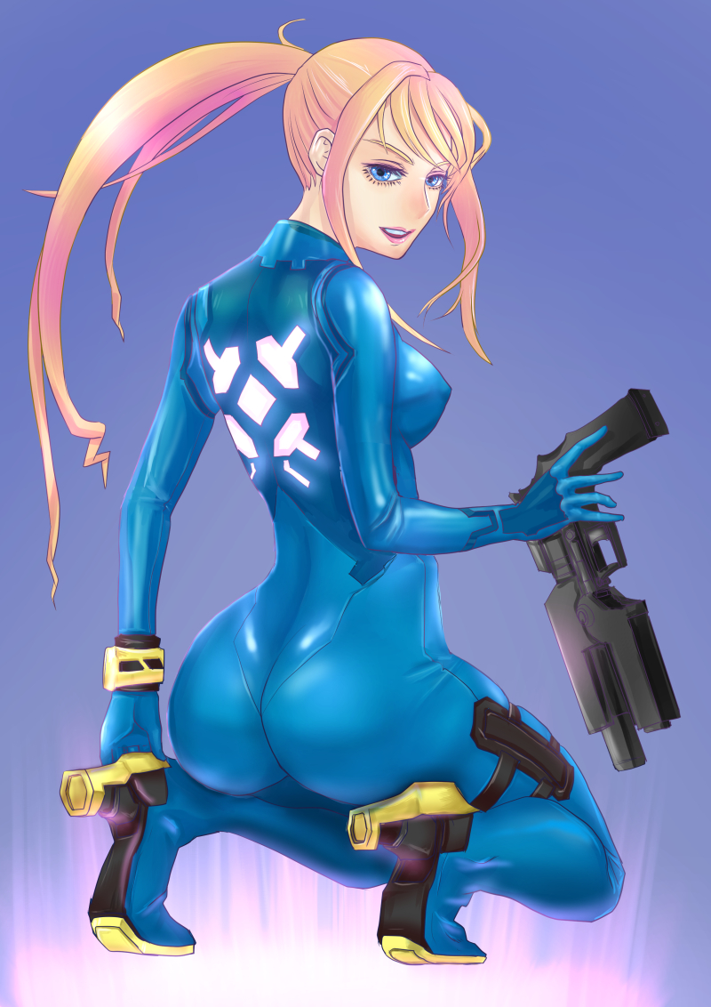 1girl ass back bangs blonde_hair blue_bodysuit blue_eyes bodysuit breasts covered_nipples eyelashes from_behind full_body gun half-closed_eyes hand_up handgun high_heels holding holding_weapon holster impossible_bodysuit impossible_clothes lips lipstick long_hair looking_at_viewer looking_back makeup metroid nintendo open_mouth ponytail samus_aran shimaguni_yamato skin_tight smile solo squatting thigh_holster upper_teeth very_long_hair weapon zero_suit