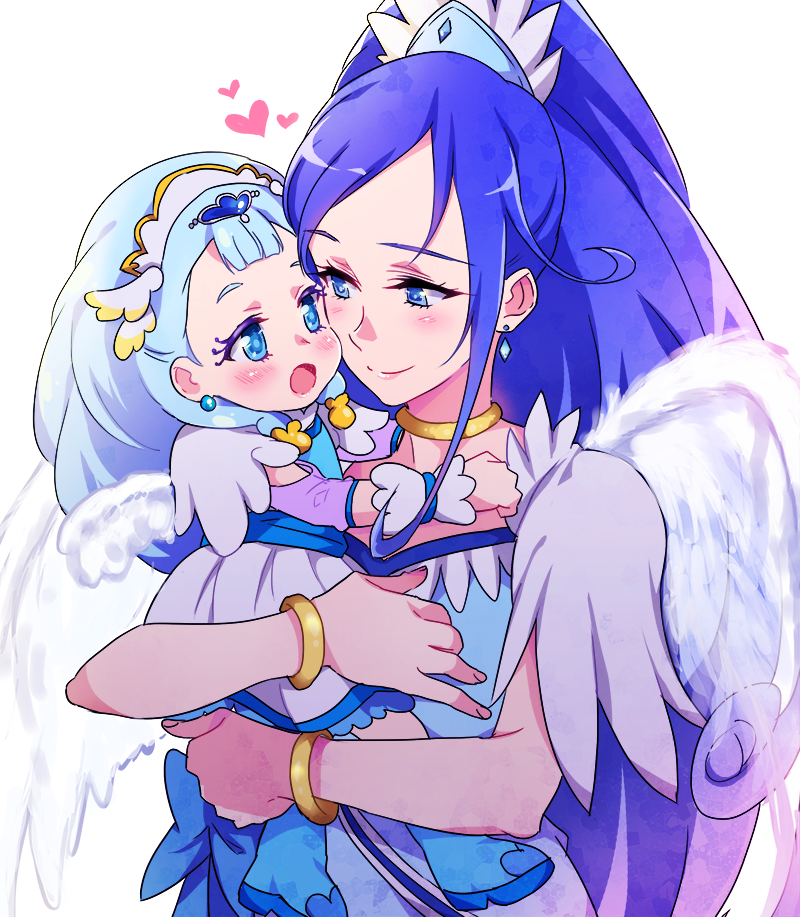 2girls age_difference angel_wings blue_eyes blue_hair blush bracelet carrying cheek-to-cheek child choker closed_mouth crossover cure_ange cure_diamond dokidoki!_precure duplicate earrings eye_contact hishikawa_rikka hugtto!_precure jewelry long_hair looking_at_another magical_girl multiple_girls negom open_mouth ponytail precure simple_background smile tiara white_background wings yakushiji_saaya younger