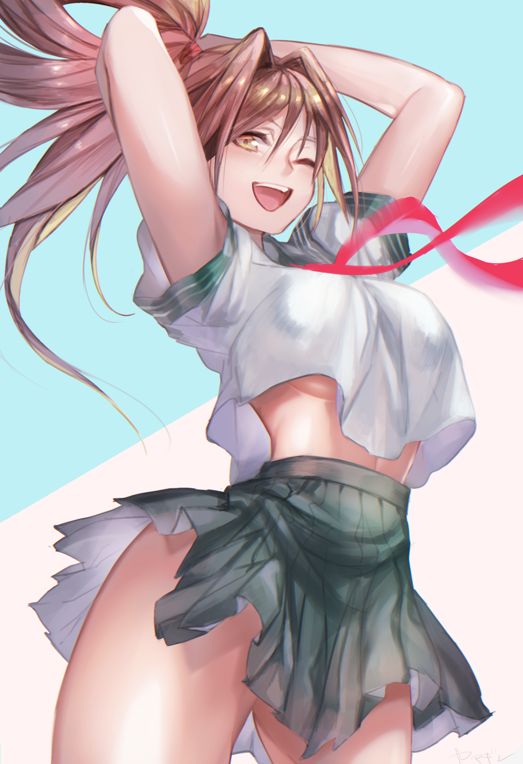 1girl adjusting_hair arms_behind_head arms_up bangs bare_arms breasts brown_eyes brown_hair commentary cropped_legs eyebrows eyebrows_visible_through_hair green_skirt hair_ornament hair_tie highres holding holding_hair ichigo_100_percent kitaooji_satsuki large_breasts long_hair navel nose one_eye_closed open_mouth ponytail red_neckwear red_sailor_collar sailor_collar school_uniform shirt short_sleeves skirt solo standing thighs two-tone_background under_boob upper_teeth upshirt white_shirt yamagishi_chihiro