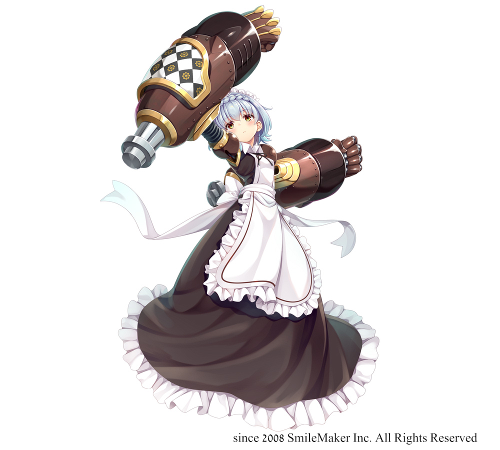 1girl 2008 apron arm_up bangs blue_hair blush braid brown_dress brown_eyes closed_mouth copyright_request dress eyebrows_visible_through_hair frilled_apron frilled_dress frills hair_between_eyes head_tilt maid maid_apron maid_headdress moeki_yuuta power_fist puffy_short_sleeves puffy_sleeves short_hair short_sleeves simple_background solo watermark white_apron white_background