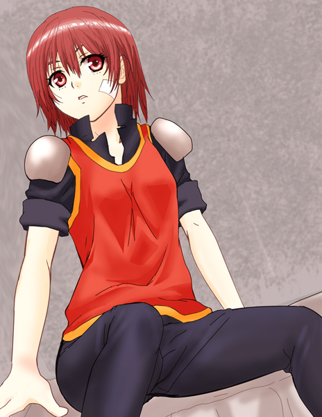 1girl arc_the_lad arc_the_lad_iii bandage black_pants breasts cheryl_(arc_the_lad) closed_mouth commentary_request hosshi_(nariagari) looking_at_viewer medium_hair pants red_eyes redhead sitting solo