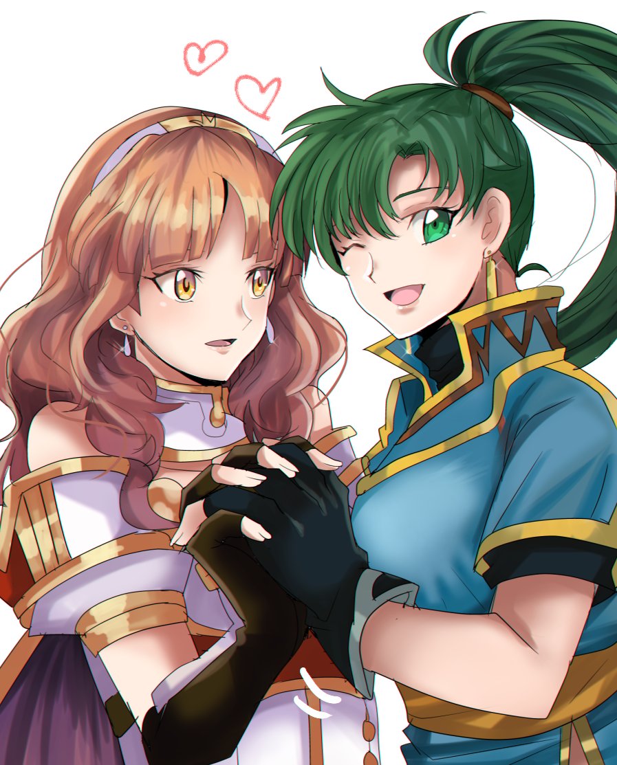 2girls celica_(fire_emblem) cute earrings fire_emblem fire_emblem:_rekka_no_ken fire_emblem_echoes:_mou_hitori_no_eiyuuou fire_emblem_gaiden gloves green_eyes green_hair hand_holding intelligent_systems jewelry long_hair looking_at_viewer lyndis_(fire_emblem) multiple_girls nintendo one_eye_closed pauldrons ponytail rem_sora410 smile super_smash_bros. wavy_hair yellow_eyes yuri