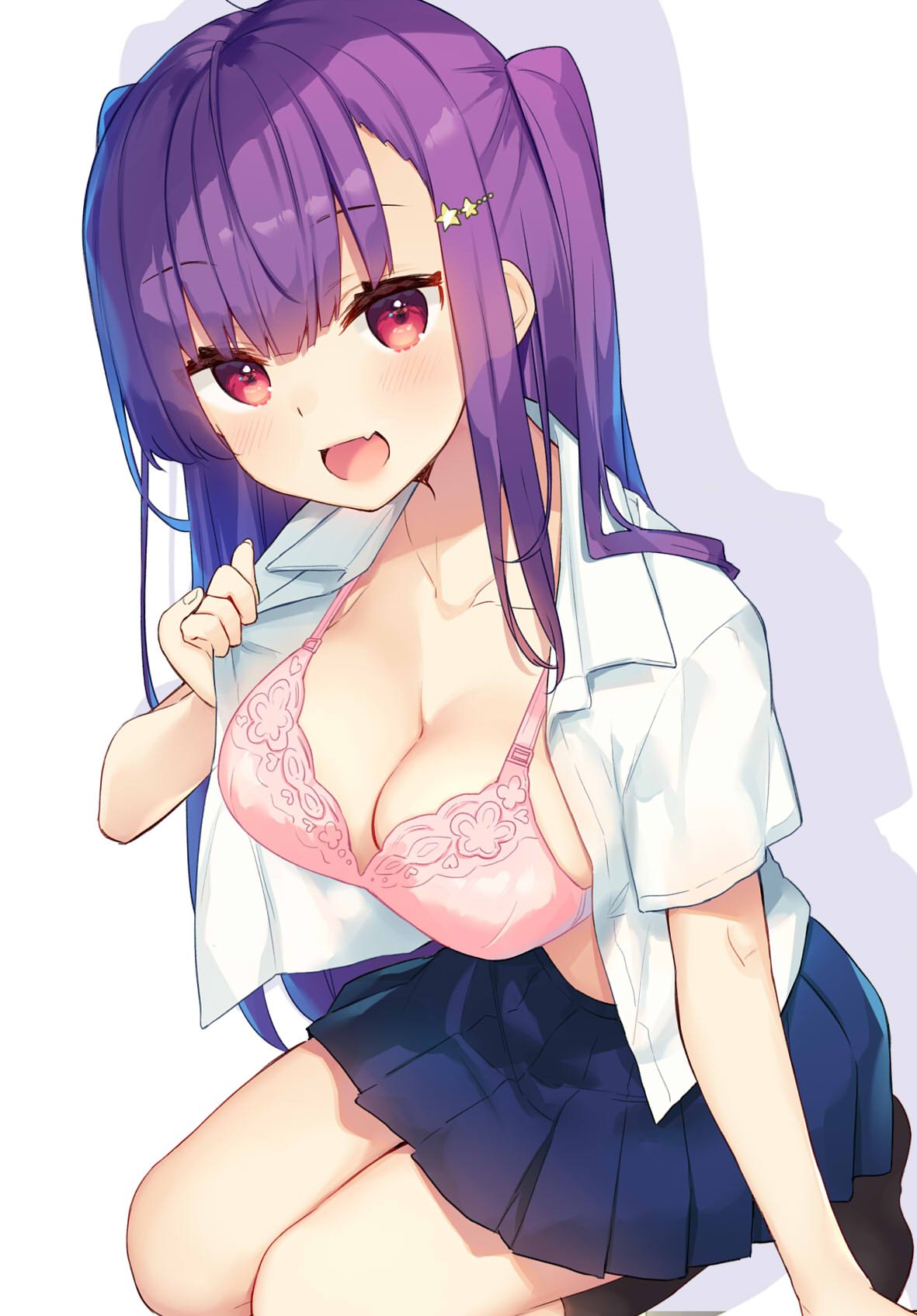 1girl :d bekotarou black_legwear bra breasts cleavage eyebrows_visible_through_hair fang hair_ornament hairclip head_tilt highres long_hair looking_at_viewer medium_breasts open_clothes open_mouth open_shirt original pink_bra pinky_out pleated_skirt purple_hair red_eyes school_uniform seiza sidelocks sitting skirt smile socks solo two_side_up underwear