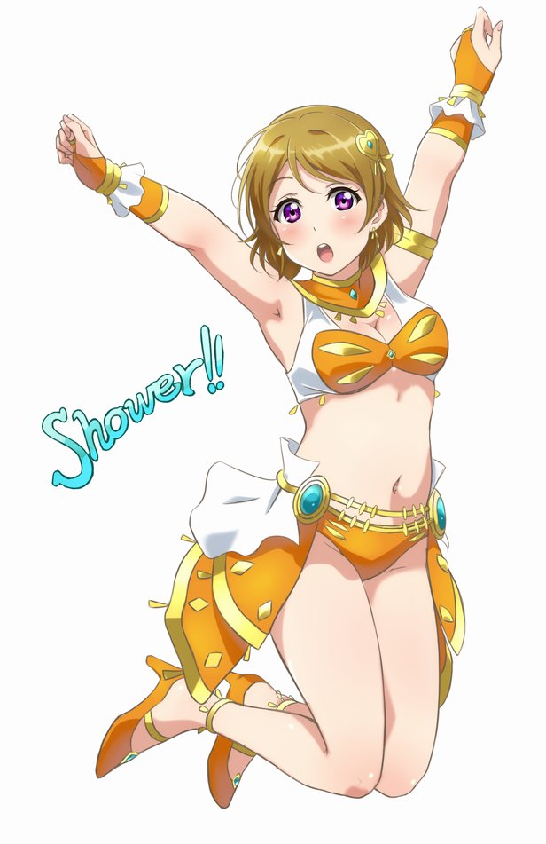 1girl :o \o/ ankle_strap armband armpits arms_up bikini breasts bridal_gauntlets brown_hair cleavage clenched_hands commentary_request earrings hair_ornament heart heart_hair_ornament high_heels jewelry jumping koizumi_hanayo love_live! love_live!_school_idol_project medium_breasts navel orange_bikini orange_footwear outstretched_arms overskirt round_teeth shangri-la_shower simple_background solo stomach swimsuit teeth turkey_min upper_teeth violet_eyes white_background