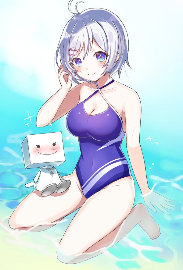 1girl antenna_hair barefoot blue_eyes blue_swimsuit casual_one-piece_swimsuit character_name commentary_request dennou_shoujo_youtuber_shiro looking_at_viewer motsunuki one-piece_swimsuit partially_submerged shiro_(dennou_shoujo_youtuber_shiro) silver_hair sitting smile swimsuit virtual_youtuber wariza water