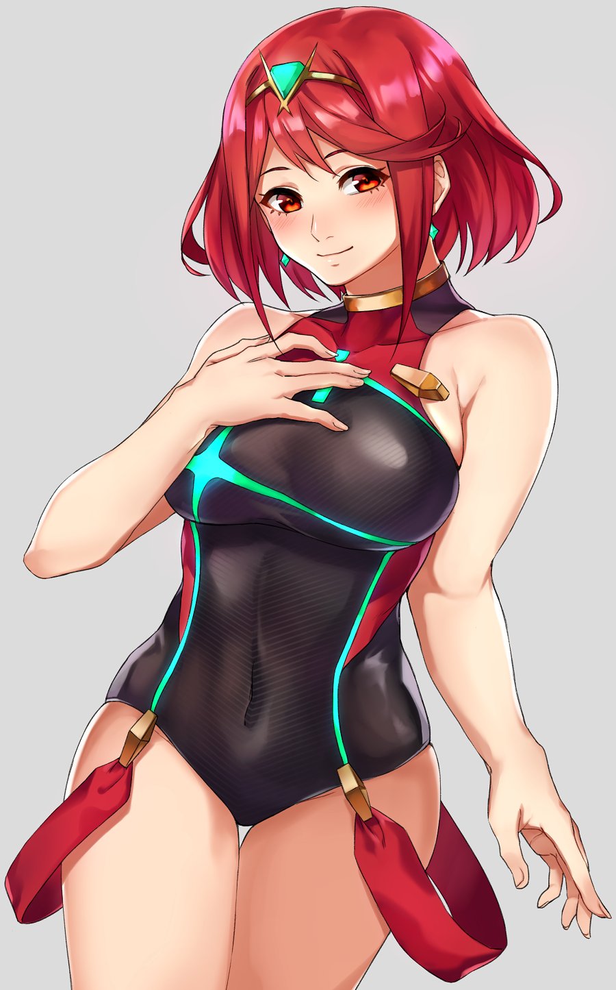 1girl bangs breasts competition_swimsuit covered_navel earrings fingerless_gloves gloves headpiece highres pyra_(xenoblade) jewelry kamu_(kamuuei) large_breasts looking_at_viewer nintendo one-piece_swimsuit red_eyes redhead short_hair sidelocks smile solo swept_bangs swimsuit tiara xenoblade_(series) xenoblade_2