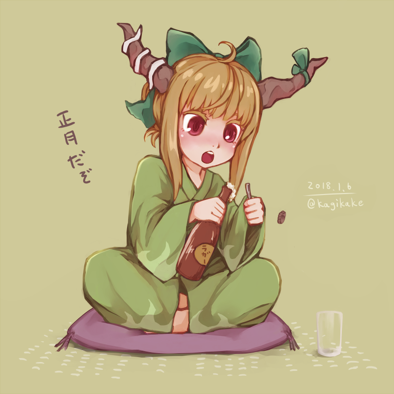 1girl ahoge alcohol artist_name beer beer_bottle bottle bottle_cap bottle_opener bow cup cushion dated drinking_glass full_body green_background green_bow green_ribbon hair_bow holding holding_bottle horn_ribbon horns ibuki_suika indian_style january japanese_clothes kazaguruma light_brown_hair oni open_mouth opening red_eyes ribbon simple_background sitting solo touhou twitter_username zabuton