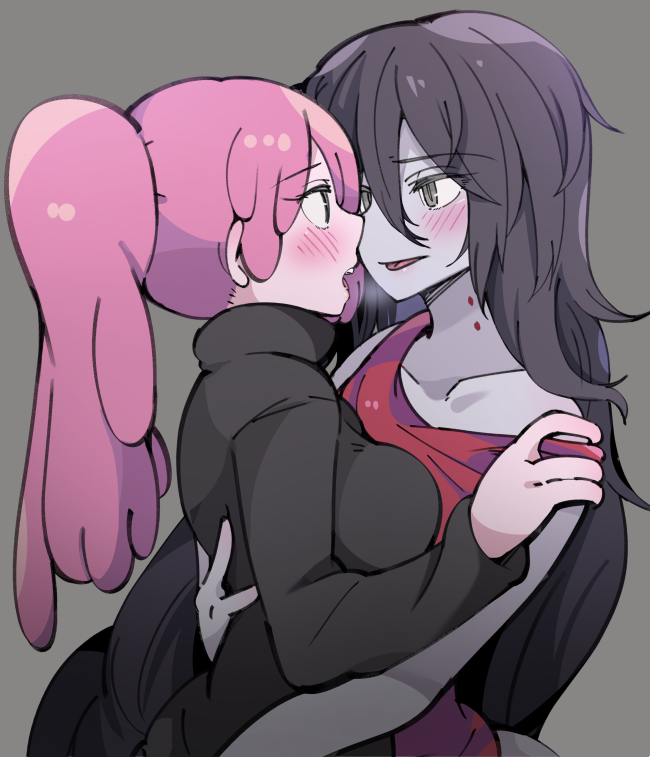 2girls adventure_time arms_around_waist black_hair black_sweater blush collarbone couple eyebrows_visible_through_hair eyes_visible_through_hair grey_background grey_eyes grey_skin hug imminent_kiss long_hair marceline_abadeer multiple_girls off_shoulder open_mouth pink_hair pink_skin princess_bonnibel_bubblegum red_tank_top rokuromi simple_background sweater tank_top turtleneck turtleneck_sweater vampire very_long_hair yuri