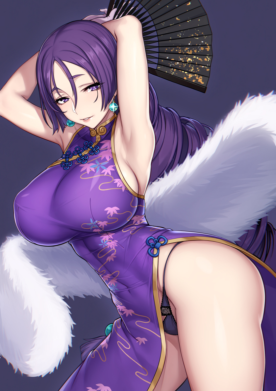 1girl alternate_hairstyle armpits arms_up bangs black_panties breasts bright_pupils china_dress chinese_clothes contrapposto covered_navel cowboy_shot dress earrings evan_yang fan fate/grand_order fate_(series) folding_fan highres huge_breasts jewelry long_hair looking_at_viewer minamoto_no_raikou_(fate/grand_order) panties parted_bangs parted_lips purple_dress purple_hair side_slit simple_background smile solo string_panties underwear very_long_hair violet_eyes white_pupils